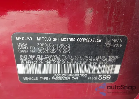2017 Mitsubishi Lancer Es from USA, damaged, VIN JA32U2FU0HU007052